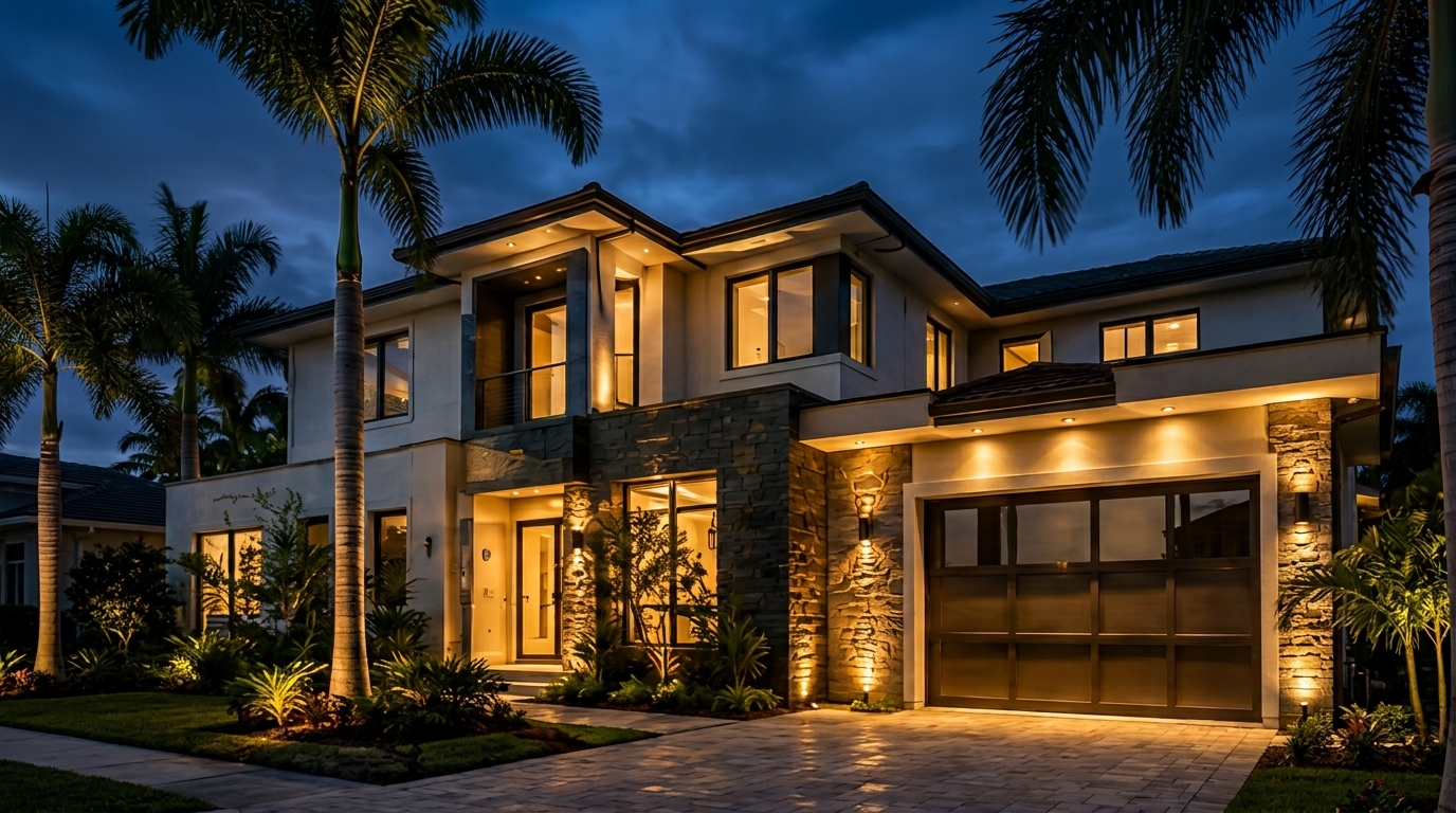 Premium KWLUX electrical and lighting hero image showing an illuminated architectural residence.